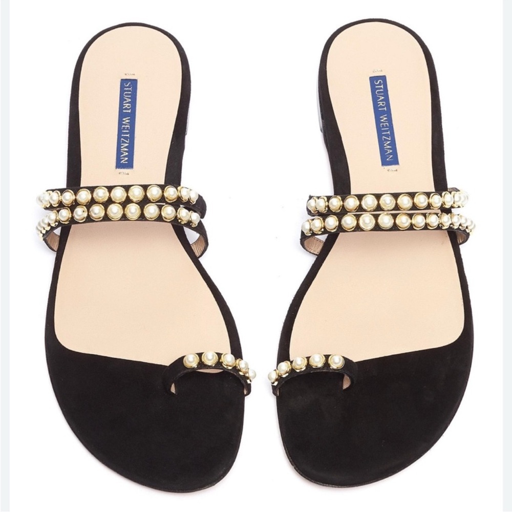 Stuart Weitzman “Petrina” Black Suede Faux Pearl Flat Sandals Size 38.5